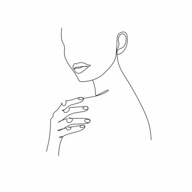 Güzel kız suratı. Çekici genç kadın portresi kadın güzellik konsepti. Sürekli bir çizgi çiziyor. Siyah beyaz çizim. Çizgi çekme. Güzellik salonu logosu. Boyama kitabı. Botanik baskısı.