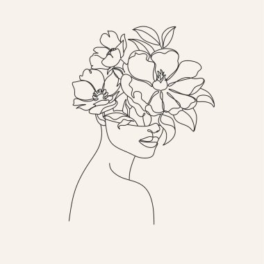 Şakayık kadın portresi. Çiçek Kafalı Kadın Çizgisi. Gerçeküstü Minimalist Sanat. Güzellik Salonu logosu.