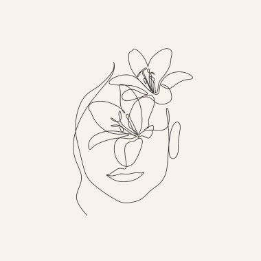 Gerçeküstü Yüz Sürekliliği çizimi, çiçek, moda konsepti, kadın güzellik minimalisti, vektör çizimi oldukça seksi. Çağdaş portre