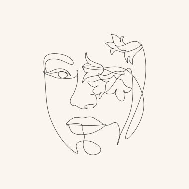 Gerçeküstü Yüz Sürekliliği çizimi, çiçek, moda konsepti, kadın güzellik minimalisti, vektör çizimi oldukça seksi. Çağdaş portre