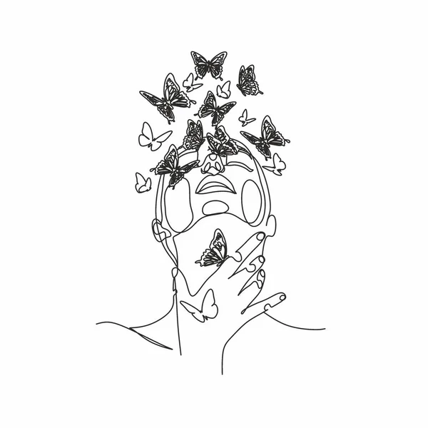 Twarz Kobiety Motylem Przy Jednym Rysunku Linii Streszczenie Portret Minimalistyczny — Wektor stockowy