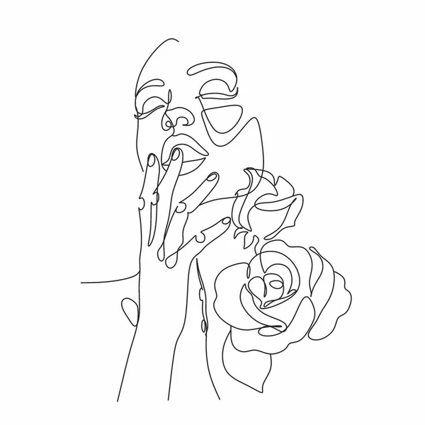 Line Art Femme Avec Des Fleurs Dessin Ligne Head Flowers — Image vectorielle