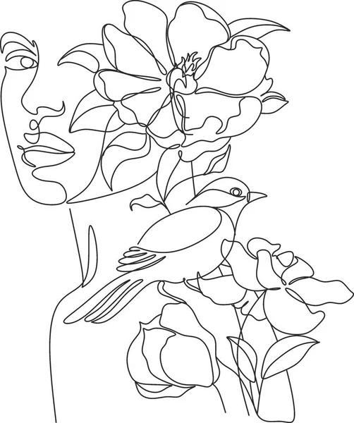 Absztrakt Női Arc Madárral Virágokkal Egy Vonalas Rajzzal Portré Minimalista — Stock Vector
