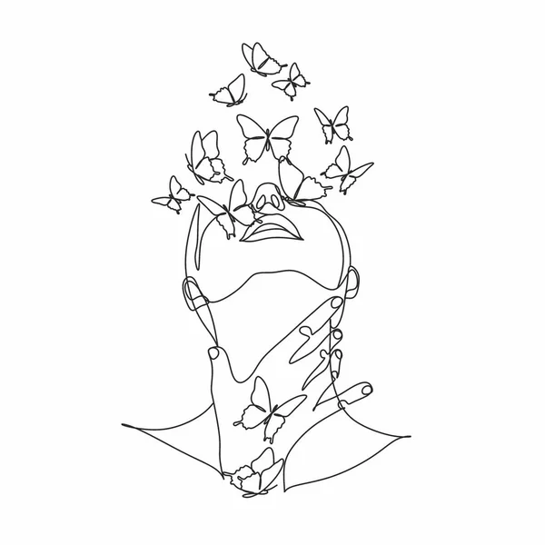 Kelebekli kadın yüzü bir çizgi çiziyor. Soyut Portre minimalist tarzda. Botanik parmak izi. Kozmetiğin doğa sembolü. Modern sürekli çizgi sanatı. Moda baskısı. Beaty Salon Sanatı