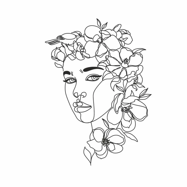 Peony Mulher Linha Arte Retrato Desenho Linha Mulher Cabeça Flor —  Vetores de Stock