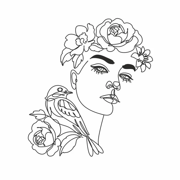 Soyut Kadın Yüzü Bir Çizgi Çizerek Kuş Çiçeklerle Süslenmiş Portre — Stok Vektör