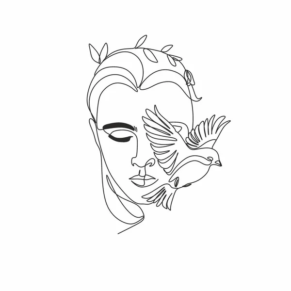 Abstract Woman Face Bird Flowers One Line Drawing Portrait Minimalistic — Stock Vector