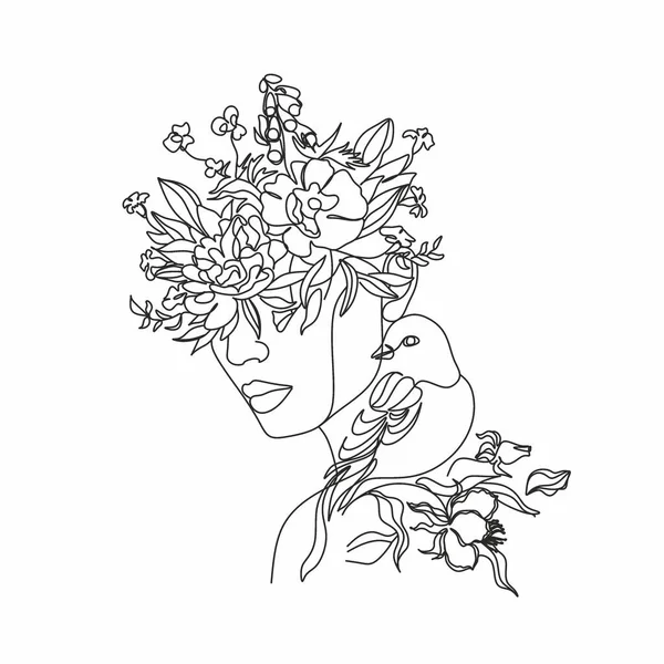 Abstrakt Kvinna Ansikte Med Fågel Och Blommor Genom Linje Ritning — Stock vektor