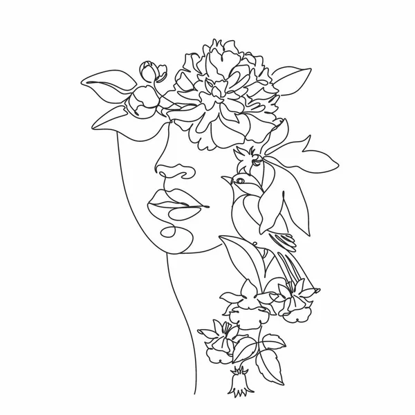 Line Art Femme Avec Des Fleurs Dessin Ligne Head Flowers — Image vectorielle