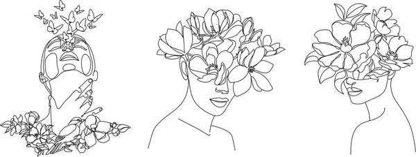 Line Art Femme Avec Des Fleurs Dessin Ligne Head Flowers — Image vectorielle