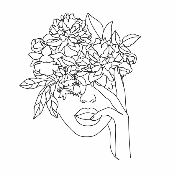 Mulher Arte Linha Com Flores Cabeça Flores Desenho Linha Vetor — Vetor de Stock