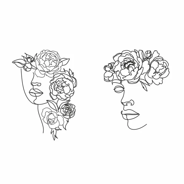 Line Art Mujer Con Flores Dibujo Línea Head Flowers Flower — Archivo Imágenes Vectoriales