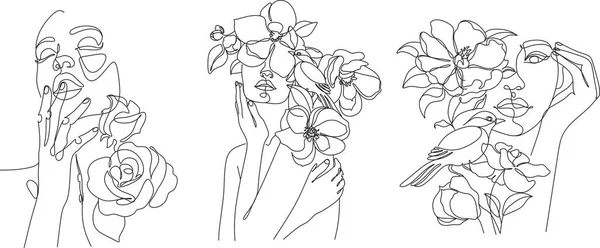 花を持つラインアートの女性 花のライン図面の頭 花女ベクトル ミニマル アブストラクト女性 — ストックベクタ