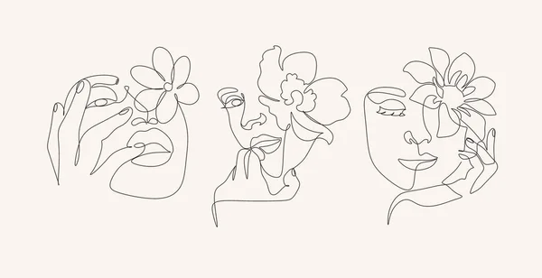 Surreal Face Continuous Line Drawing Face Hairstyle Flower Fashion Concept — стоковый вектор
