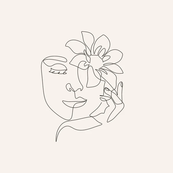 Surreal Face Continuous Line Drawing Face Hairstyle Flower Fashion Concept — стоковый вектор