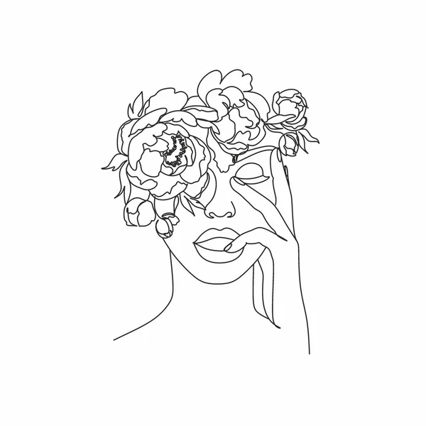 Line Art Woman Flowers Gambar Head Flowers Line Flower Woman - Stok Vektor