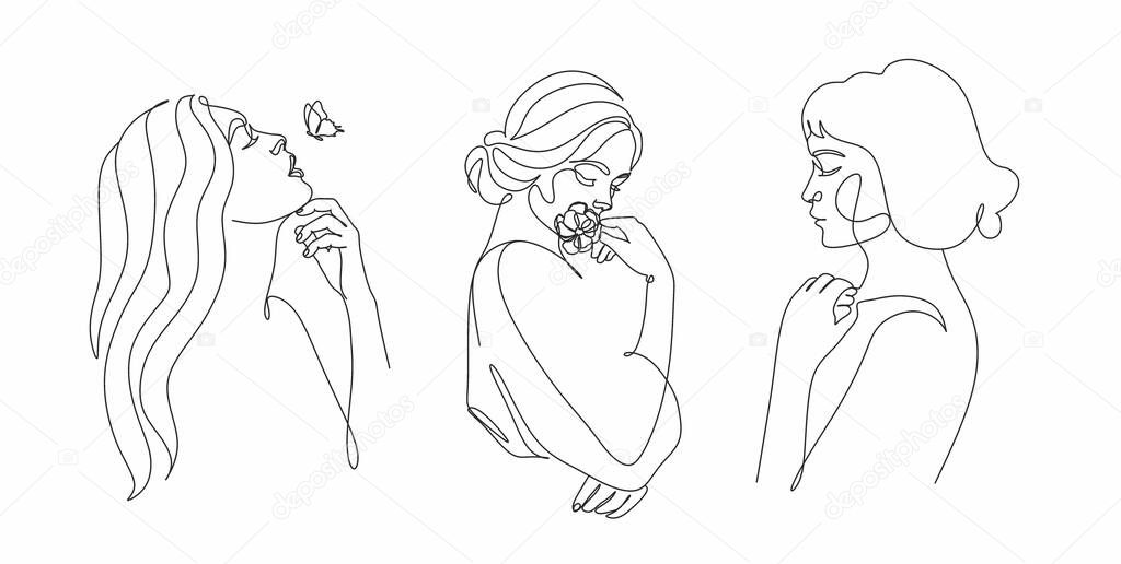 Beautyfull girl face. Attractive young woman portrait female beauty concept. Continuous one line drawing. Black and white illustration. Line Drawing. Beauty salon logo. Coloring book. Botanical print.