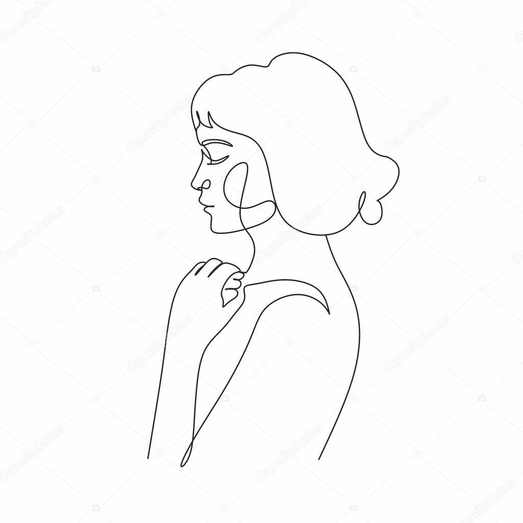 Beautyfull girl face. Attractive young woman portrait female beauty concept. Continuous one line drawing. Black and white illustration. Line Drawing. Beauty salon logo. Coloring book. Botanical print.