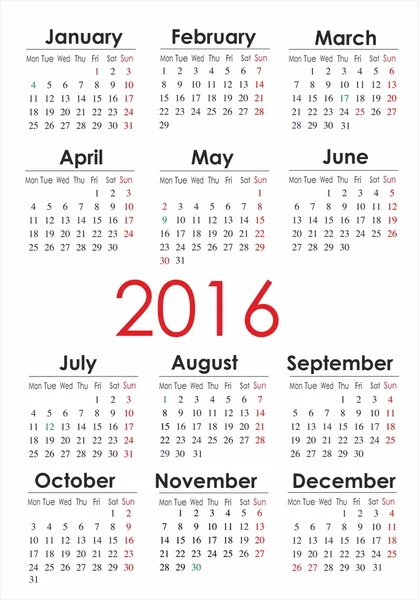 Calendário para o ano de 2016 (Reino Unido ) — Vetor de Stock