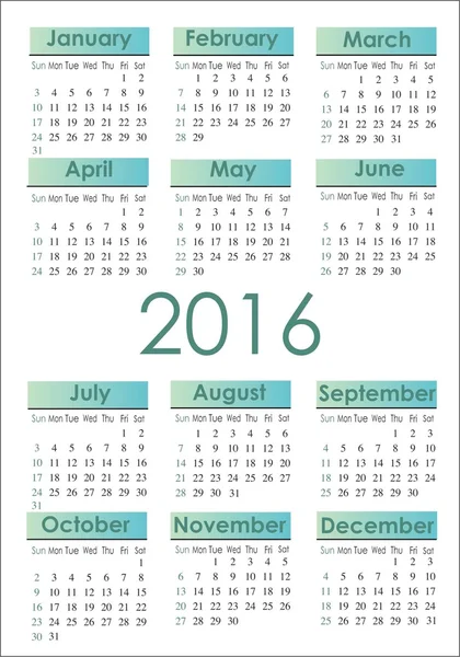 Simple green 2016 calendar — Stock Vector