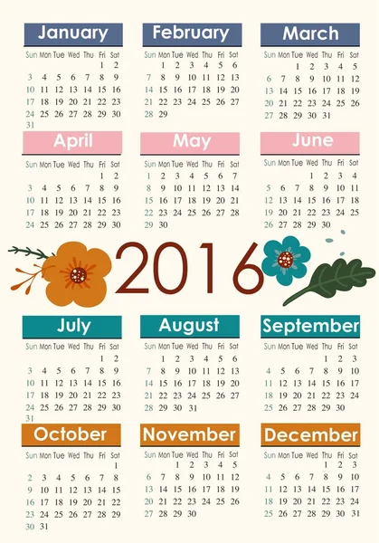 Calendário 2016 simples com flores — Vetor de Stock