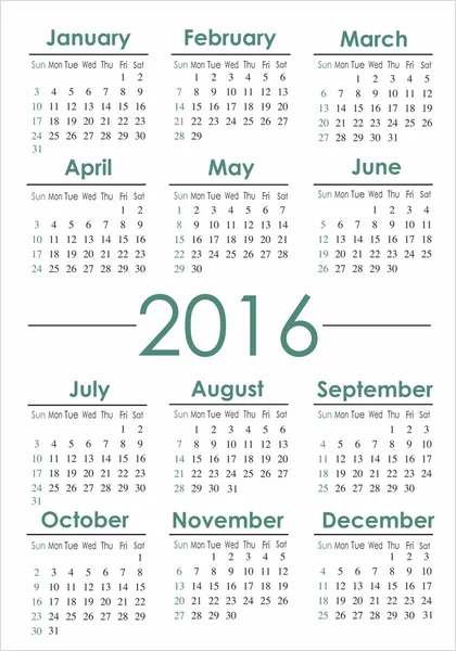 Kalendarz proste zielony 2016 — Wektor stockowy