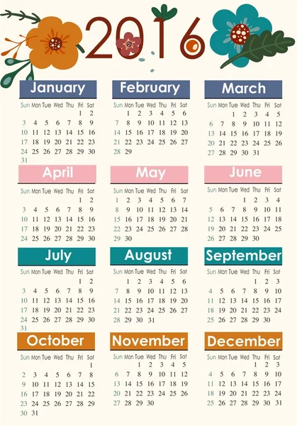 Calendario 2016 semplice — Vettoriale Stock