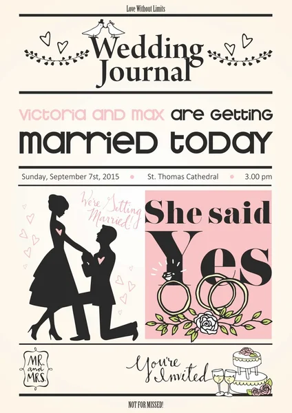 Vintage krant of tijdschrift bruiloft uitnodiging vector ontwerpsjabloon — Stockvector