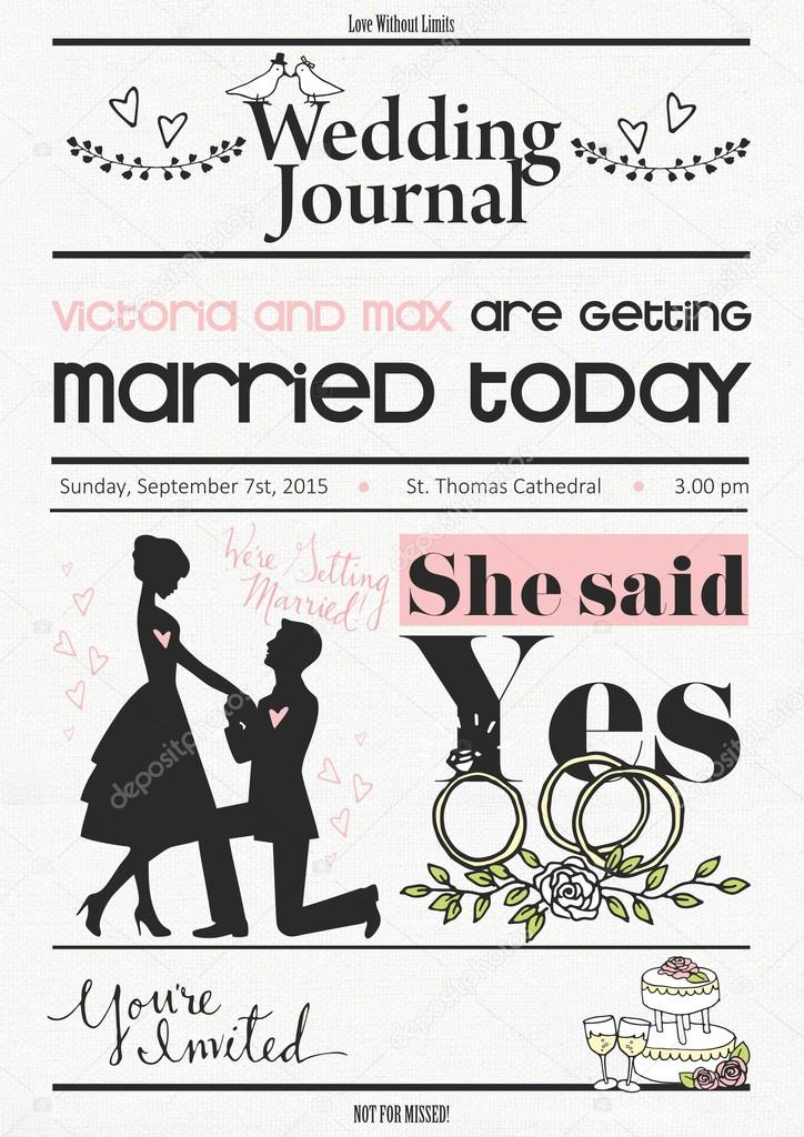 Vintage Newspaper or  journal wedding invitation vector design template
