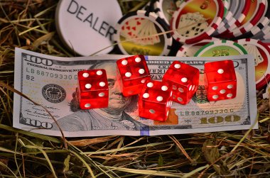 Poker fişleri ve yeşil kumaş üzerine para para