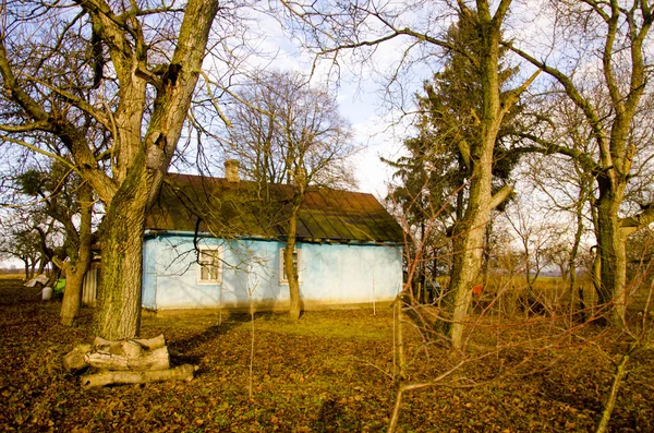 Ukraina. Wieś. Dom niebieski gliny z strzechy przeciwko niebo niebieski — Zdjęcie stockowe