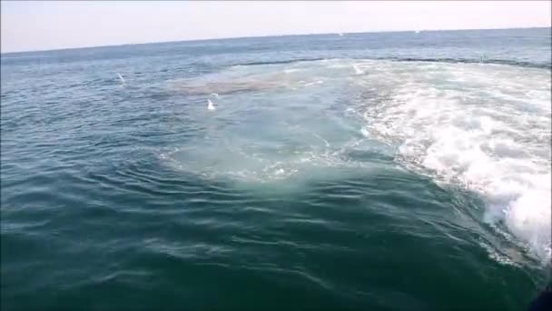 Голубая морская вода, проходящая мимо с движущегося судна с блестками и световыми отражениями — стоковое видео