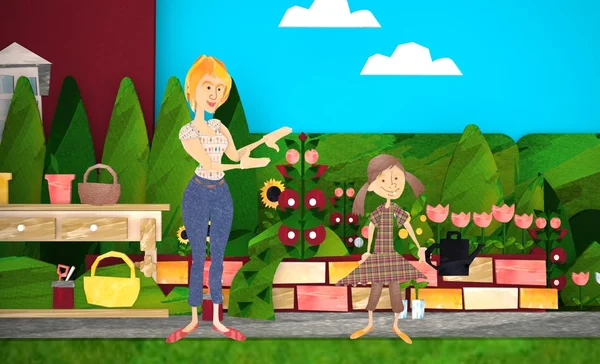 Mutter und ihr kleines Mädchen bei der Gartenarbeit. 3d — Stockfoto