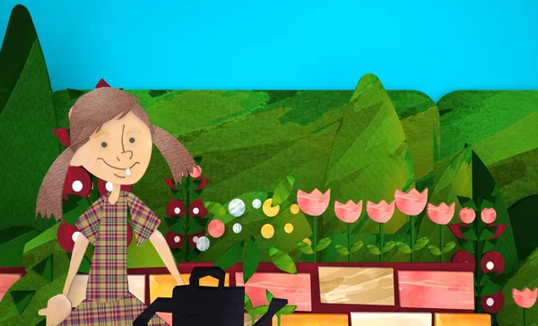 Kleines 3D-Mädchen bei der Gartenarbeit. — Stockfoto