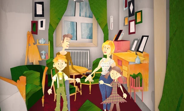 3d Parents Sitting With 3d Children Reading Story Indoors — Stok Foto