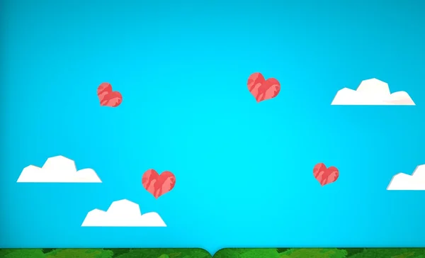3D grünes Feld unter blauem Himmel mit Herz. Liebeskonzept — Stockfoto