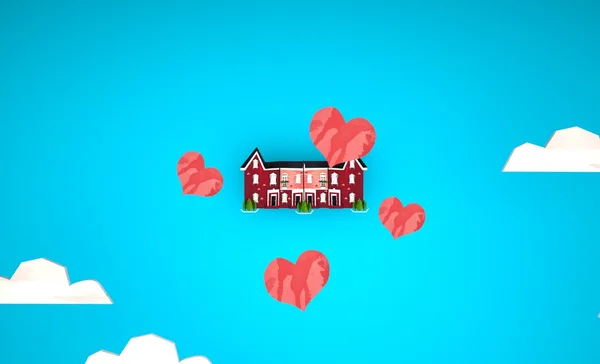 3d casa sob céu azul com forma de coração sobre ele. Conceito de amor — Fotografia de Stock