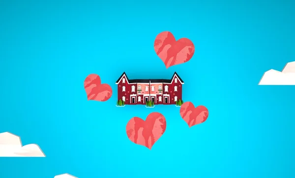 3D σπίτι κάτω από το γαλάζιο του ουρανού με σχήμα καρδιάς σε αυτό. Έννοια της αγάπης — Φωτογραφία Αρχείου
