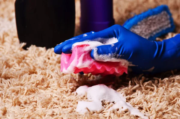 Personas, tareas domésticas y concepto de limpieza - primer plano de la mujer en guantes de goma con tela y detergente alfombra de limpieza en aerosol en el hogar —  Fotos de Stock