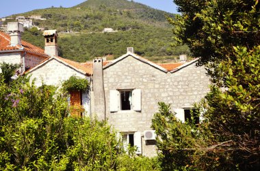 Budva eski kasaba üzerinde görünümünü. Kırmızı kiremitli çatılar ve defne Güney fiyort