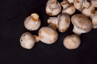 taze beyaz düğme mantar veya bir kase bir rustik ahşap sayaçta agaricus temizlenmesi ve akşam yemeği için havai görünümü yıkanmış hazır