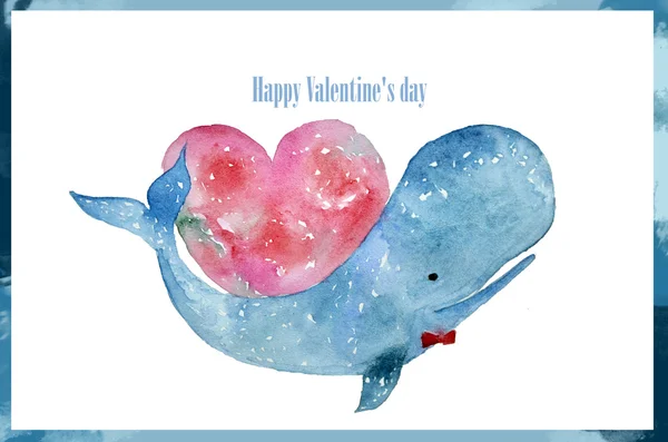 蓝鲸的心。水彩画。情人节那天。明信片 — 图库照片