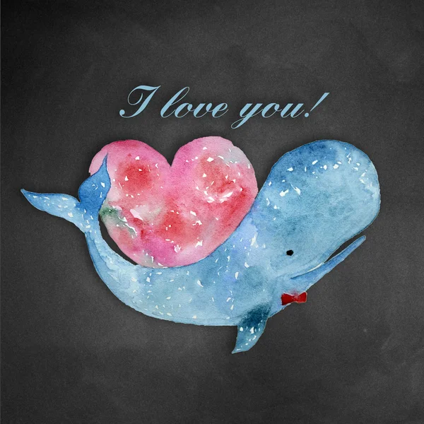 Синий кит с сердцем. Акварель. День Святого Валентина. Открытка — стоковое фото