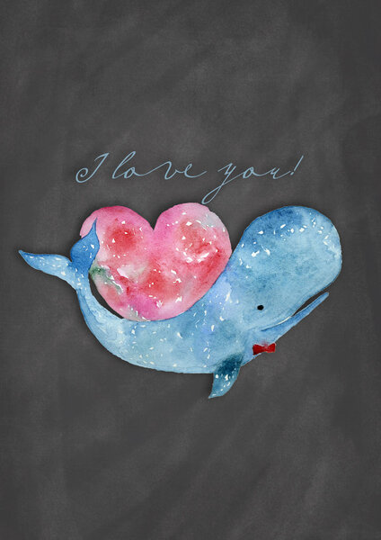 A blue whale heart. watercolor. Valentine's day. Postcard — Stock Photo, Image