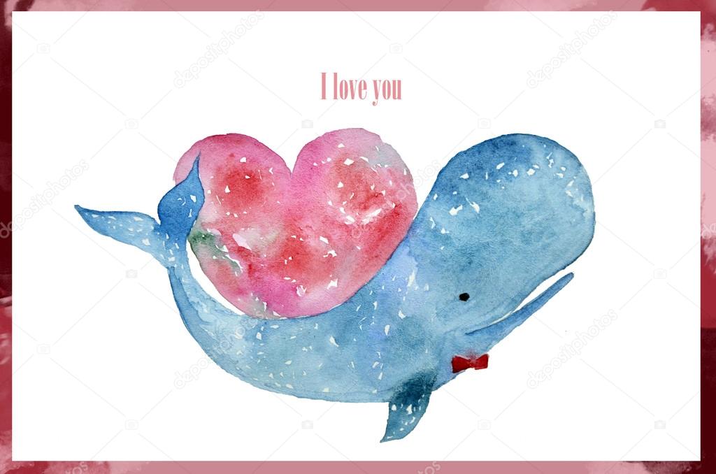A blue whale heart. watercolor. Valentine's day. Postcard