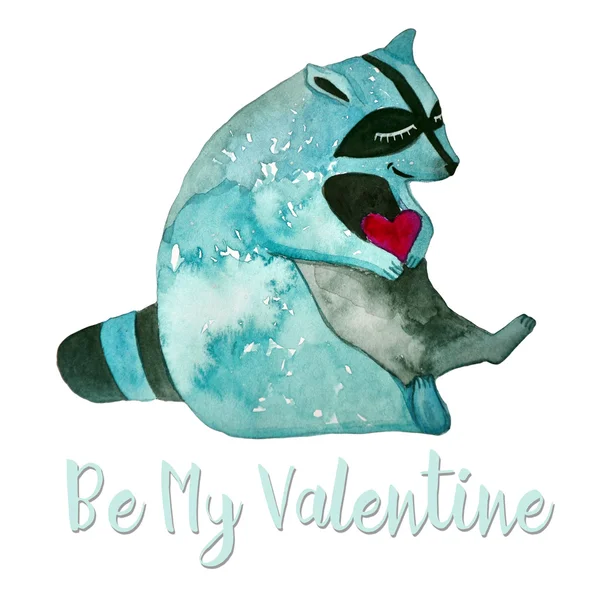 Cute hand drawn illustration with  raccoon with heart. Nice illustration for Valentine's Day, wedding, birthday, easter cards. Love theme. Cartoon and doodle style — Stok fotoğraf