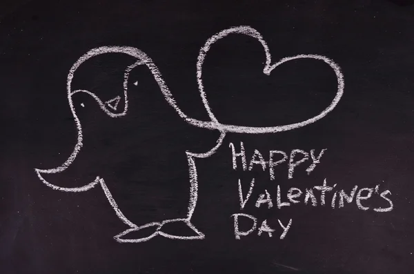 Pingvin med hjärtat. Alla hjärtans dag. Krita — Stockfoto