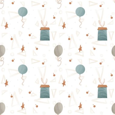 Kawaii kare pürüzsüz doğum günü balonu, beyaz arka planda konfeti. Dokulu dijital sanat el çizimi. Kumaş, kırtasiye, ambalaj kağıdı, duvar kağıdı, yapıştırma kitabı