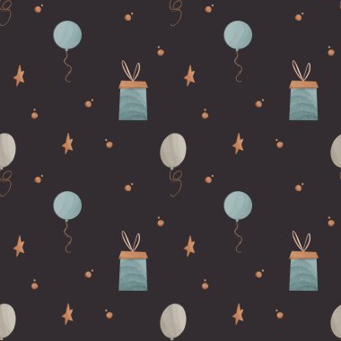 Kawaii kare pürüzsüz doğum günü balonu, siyah arka planda konfeti. Dokulu dijital sanat el çizimi. Kumaş, kırtasiye, ambalaj kağıdı, duvar kağıdı, yapıştırma kitabı