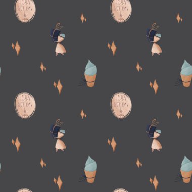 Kawaii kare pürüzsüz doğum günü balonu, gri arka planda konfeti. Dokulu dijital sanat el çizimi. Kumaş, kırtasiye, ambalaj kağıdı, duvar kağıdı, yapıştırma kitabı